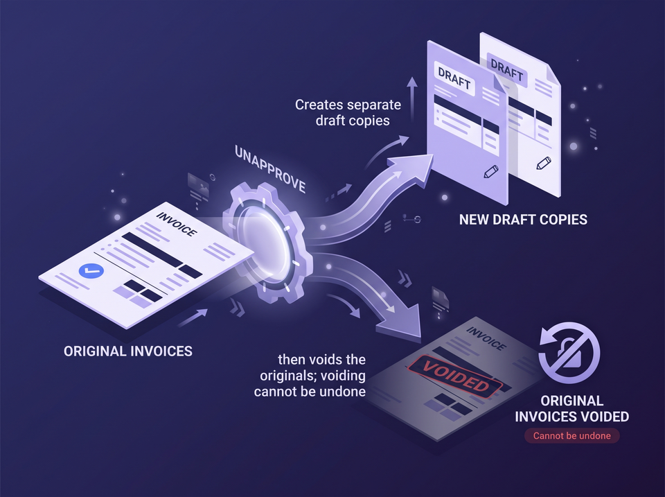 Unapprove: Create draft copies. Problem: Approved by mistake. What it does: Preview eligible invoices. Result: Originals voided, drafts separate.