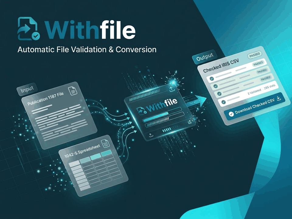 Withfile: 1042-S file ready for IRIS. Problem: FIRE is closing. What it does: Check codes and rates. Result: Portal-ready CSVs.