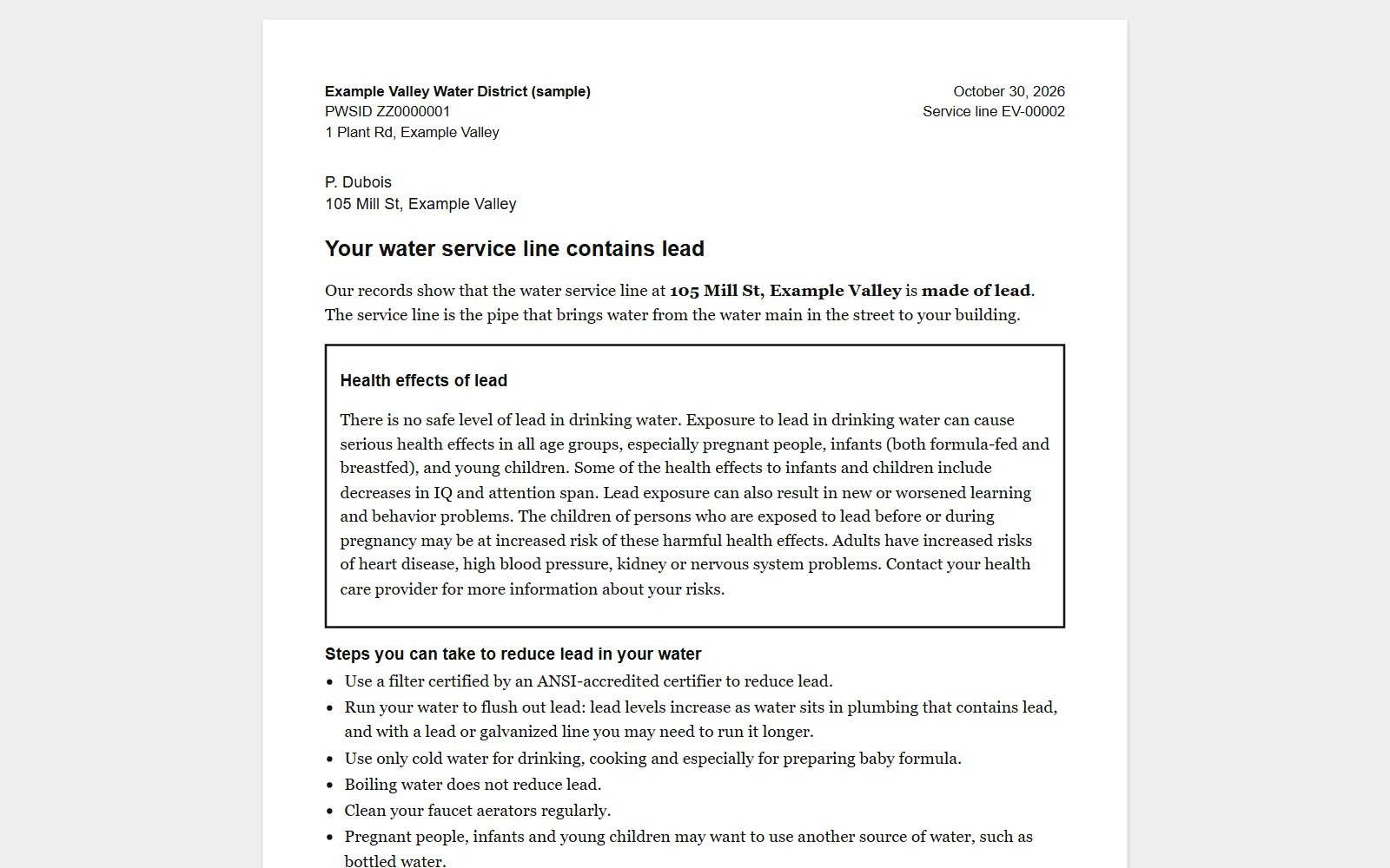 Linewarden customer letter: a print-ready lead service line notice with the health text. Made-up sample water district.