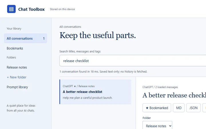AI Chat Toolbox library of saved chats with search, folders and tags