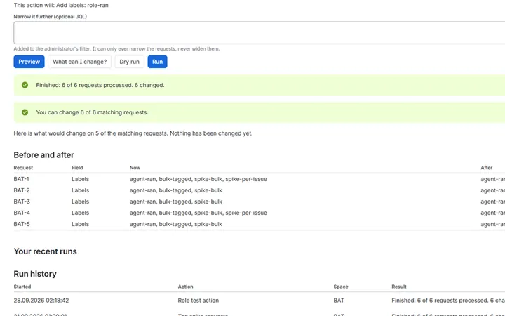 Approved Bulk Actions in Jira: 6 of 6 requests processed, with the labels of each request before and after