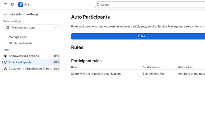 Auto Participants rules table in Jira Service Management settings