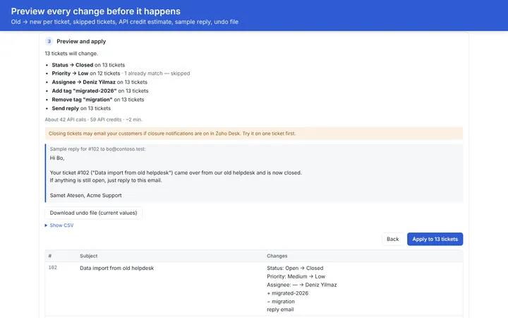 Bulk Actions Hub preview of the field changes and the reply that will be sent