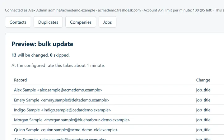 Bulk Contact Update preview: each Freshdesk contact field from the old value to the new one