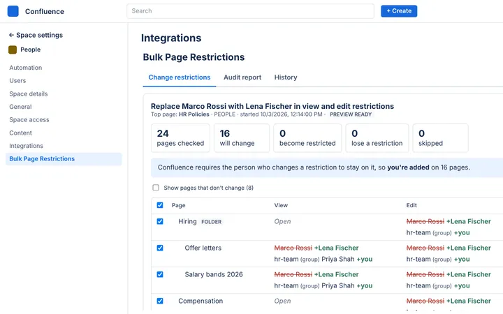 Bulk Page Restrictions preview: view and edit restriction changes for each Confluence page