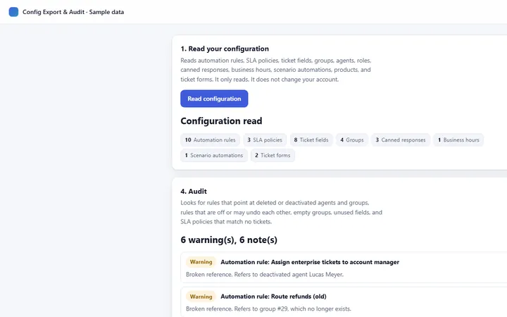 Config Export & Audit: configuration counts and a list of audit warnings