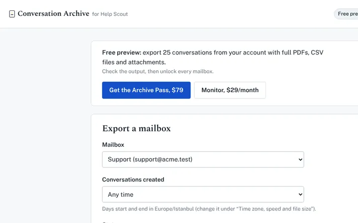 Conversation Archive: export a Help Scout mailbox, 60 conversations match