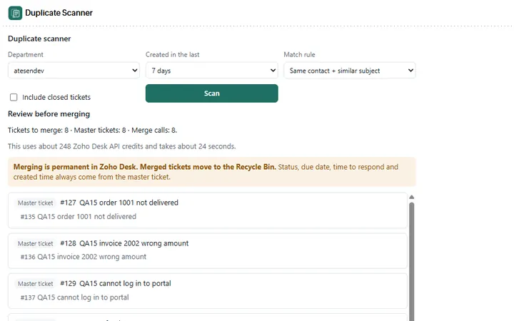 Duplicate Ticket Merge scanner: groups of duplicate Zoho Desk tickets with a master ticket
