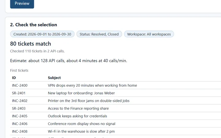 Ticket Archive for Freshservice: 80 matching tickets with filter chips