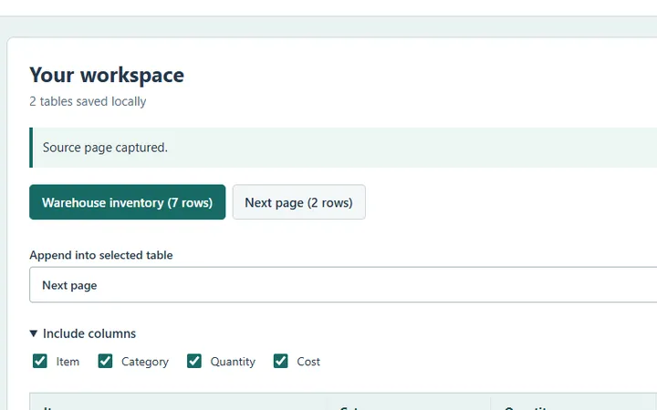 GridHarbor workspace: a captured table with cleanup options and CSV export
