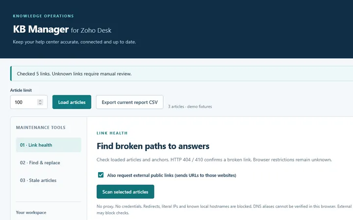 KB Manager link-health report for Zoho Desk knowledge-base articles