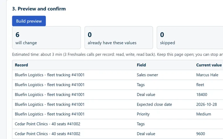 Multi-Field Bulk Update preview: current and new field values per Freshsales record