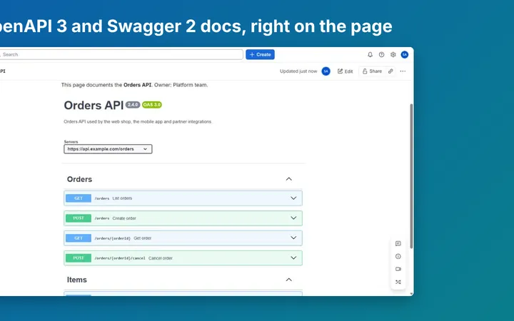 OpenAPI & Swagger Viewer rendering an Orders API inside a Confluence page