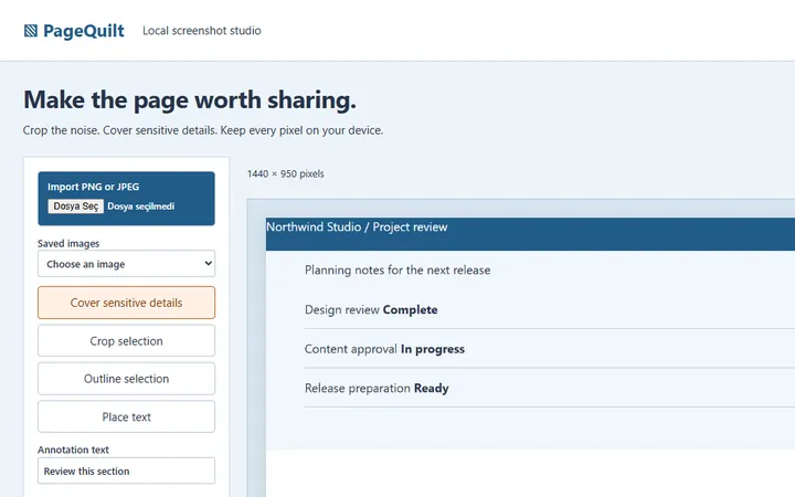 PageQuilt screenshot studio with crop and export tools
