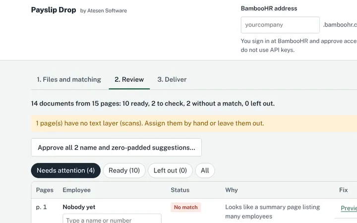 Payslip Drop review step: each payroll page matched to an employee