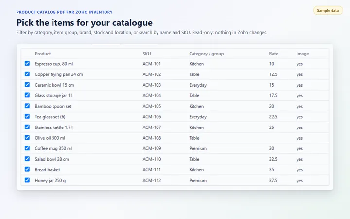 Product Catalog PDF: choosing Zoho Inventory items by SKU for the catalogue