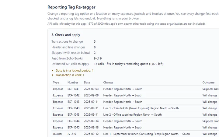 Reporting Tag Re-tagger check: Zoho Books transactions and the tag change for each