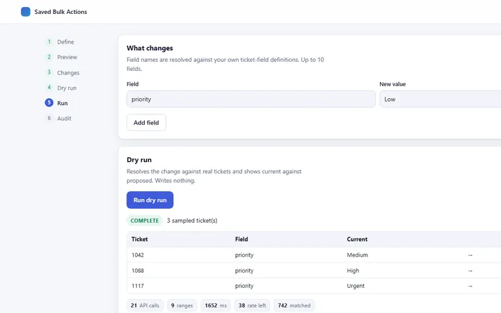 Saved Bulk Actions dry run: current and proposed priority for each matching Freshdesk ticket