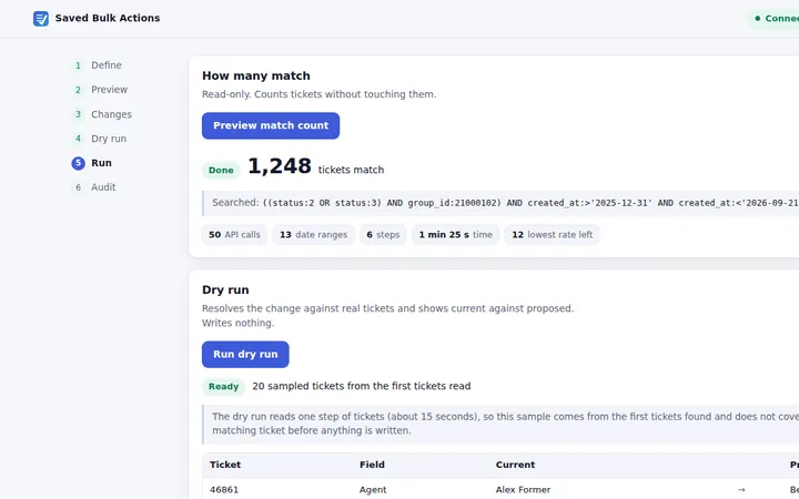 Saved Bulk Actions for Freshservice preview: 1,248 matching tickets and a dry-run table of agent reassignments
