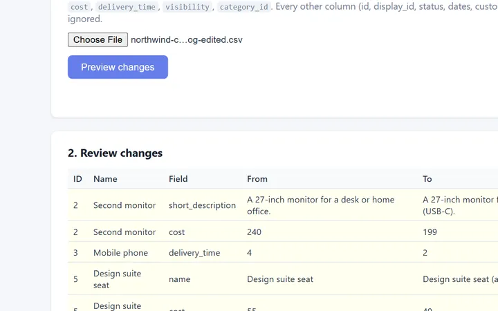Service Catalog Porter: CSV bulk-edit review table before confirming the update