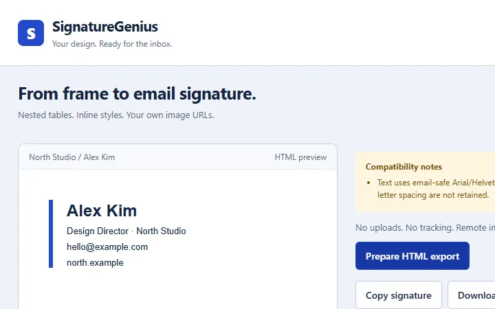 SignatureGenius: e-mail signature preview and the HTML export panel