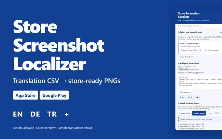 Store Screenshot Localizer plugin panel with frames, translation CSV and export