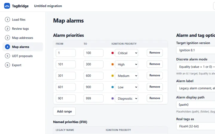 TagBridge alarm mapping step with priority ranges