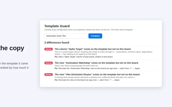Template Guard compare panel: three differences found between a board and its template
