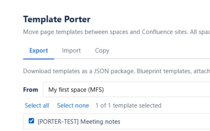 Template Porter export tab: choosing Confluence templates to download as a file