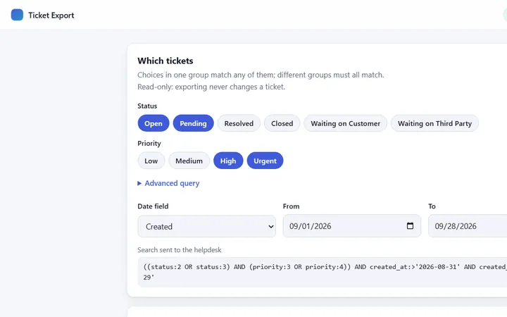 Ticket Export: status and priority filters with Excel, CSV, PDF and HTML export buttons
