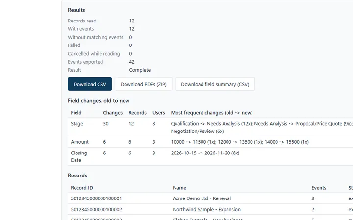 Timeline Exporter results: field changes and the exported Zoho CRM records
