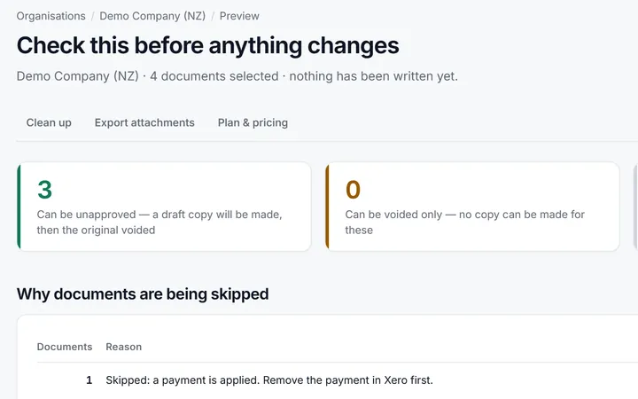 Unapprove preview: invoices eligible for a separate draft copy and one skipped because a payment is applied
