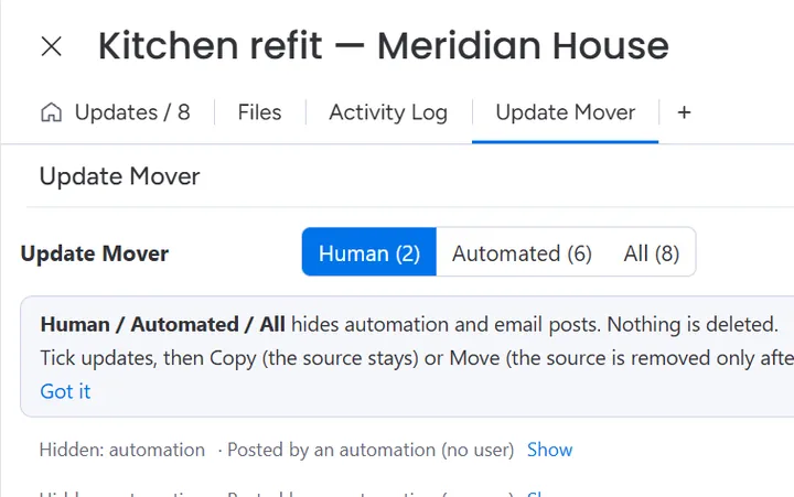 Update Mover in a monday.com item: human and automated updates filtered apart