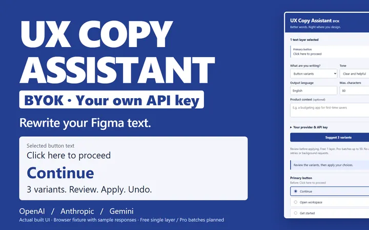 UX Copy Assistant panel with three button-copy variants