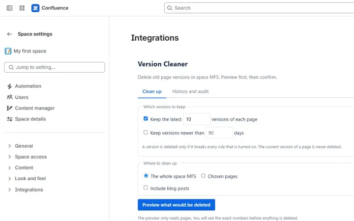 Version Cleaner retention rules in Confluence space settings