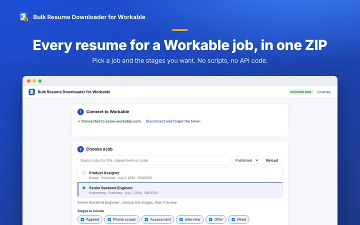 Bulk Resume Downloader: choose a Workable job and stages to download