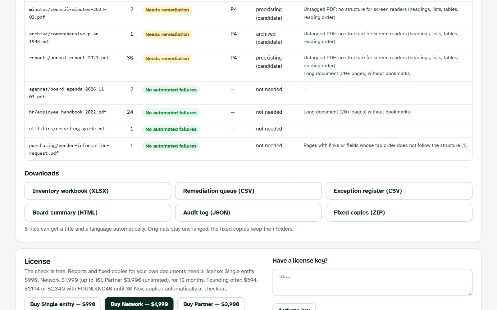 Tagscope file list: each PDF with its status, and the workbook, queue and register to download. Made-up county documents.