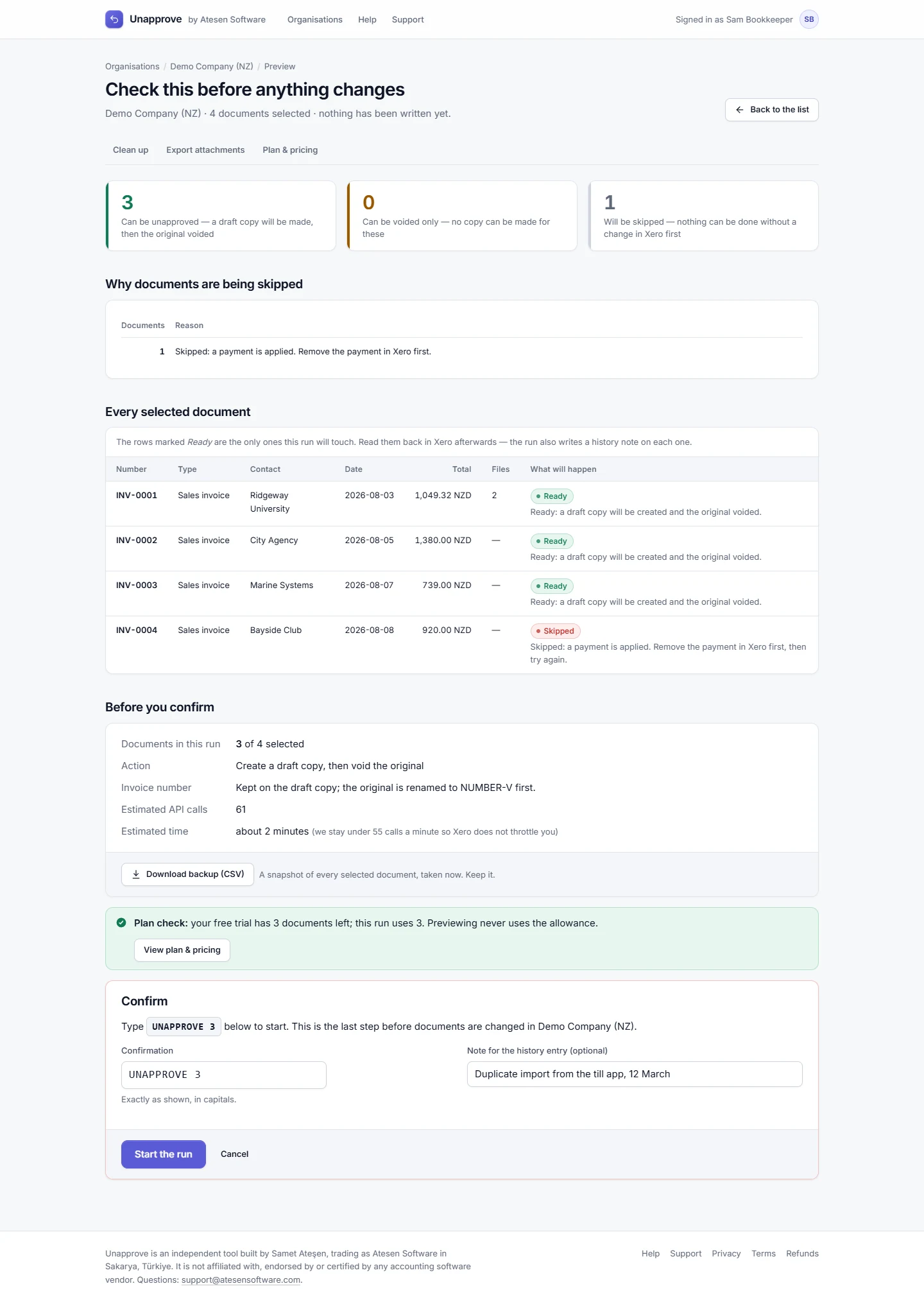 Unapprove preview: three invoices ready for draft copies and one skipped because a payment is applied. Demo data.