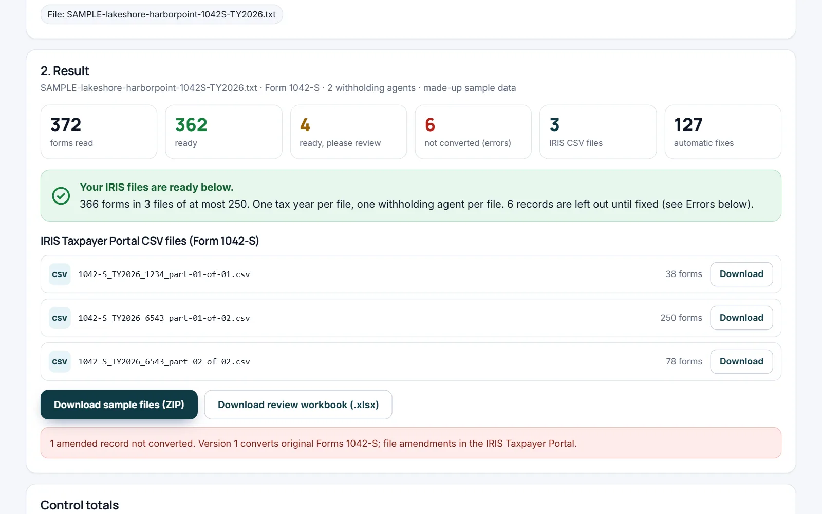 Withfile result: 372 forms read and 3 IRIS CSV files ready to download. Made-up sample data.