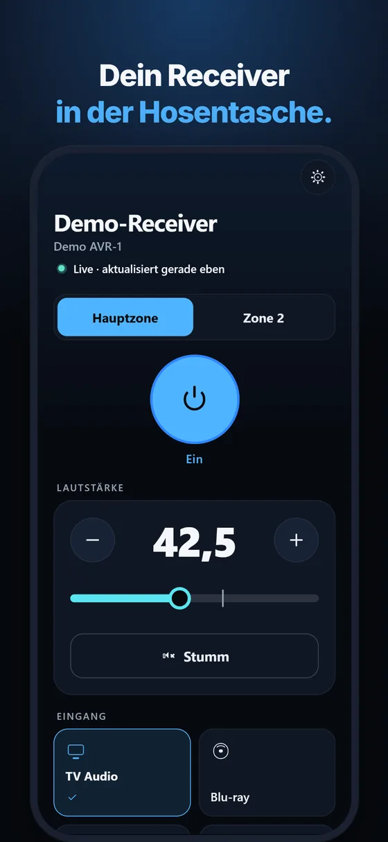 Avrline Startseite: Hauptzone und Zone 2, ein großer Ein/Aus-Knopf, die Lautstärke 42,5 mit Minus und Plus, darunter die Eingänge.