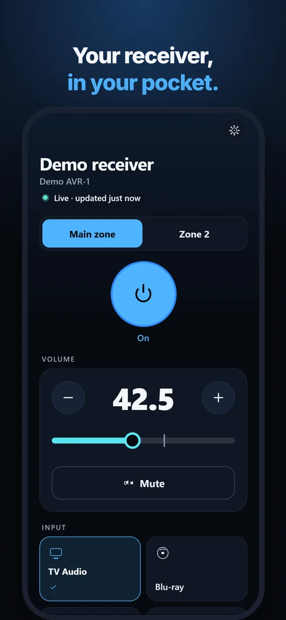 Avrline home: Main zone and Zone 2, a big power button, the volume card at 42.5 with minus and plus, the inputs below.