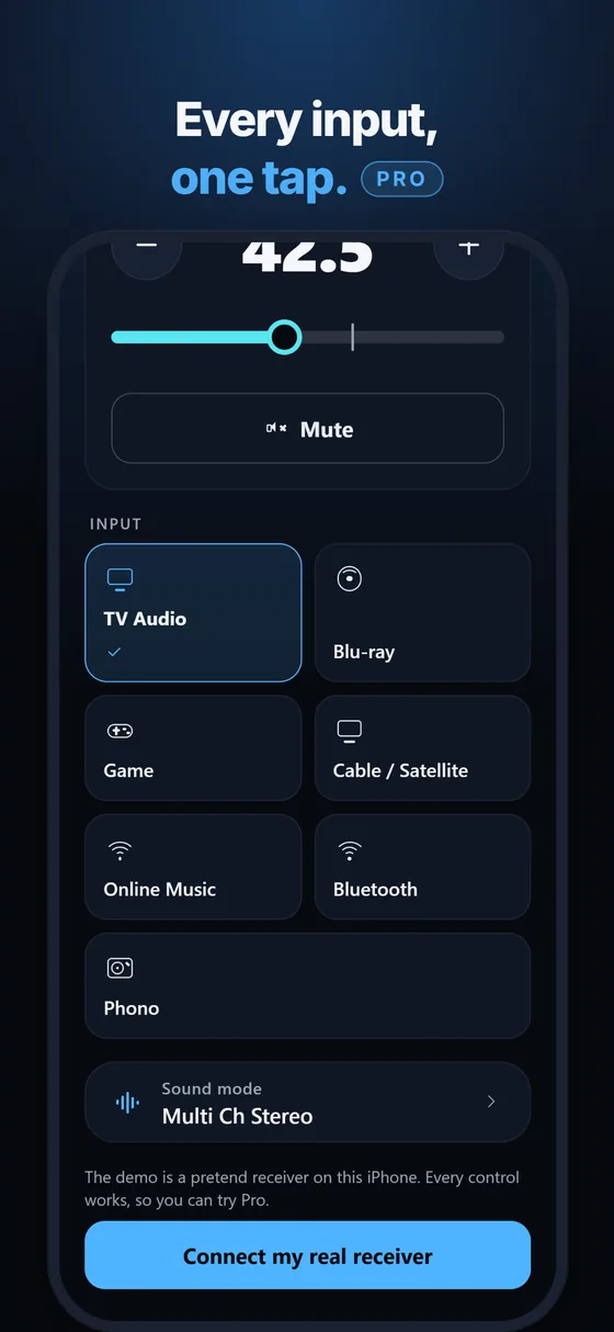 Input tiles TV Audio, Blu-ray, Game, Cable / Satellite, Online Music, Bluetooth and Phono with TV Audio selected, and the sound mode Multi Ch Stereo.