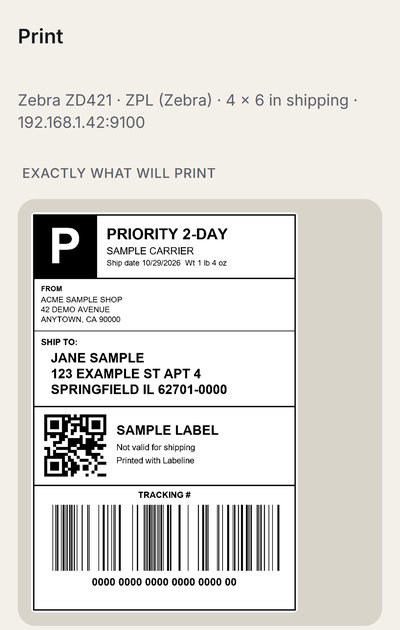 Labeline print preview showing a 4x6 sample shipping label