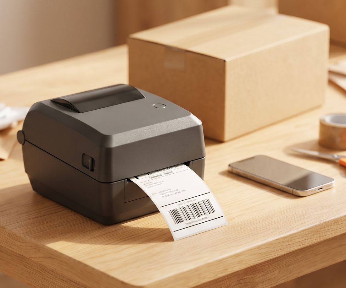 A desktop thermal label printer printing a shipping label next to a parcel and a phone