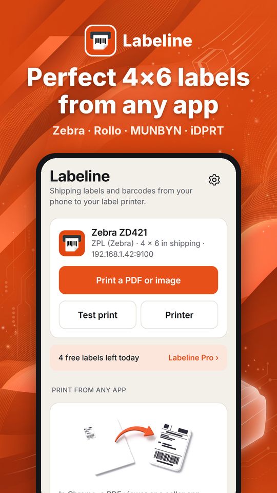 Home screen: Labeline, perfect 4x6 labels from any app