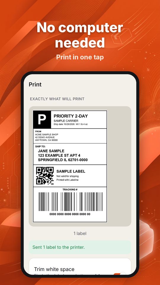 Label sent to the printer, no computer needed