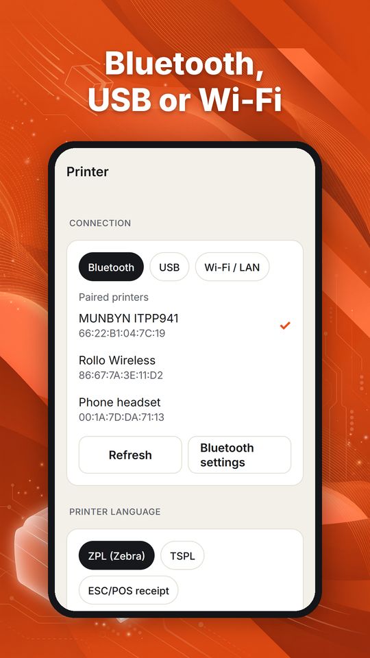 Printer screen: Bluetooth, USB or Wi-Fi
