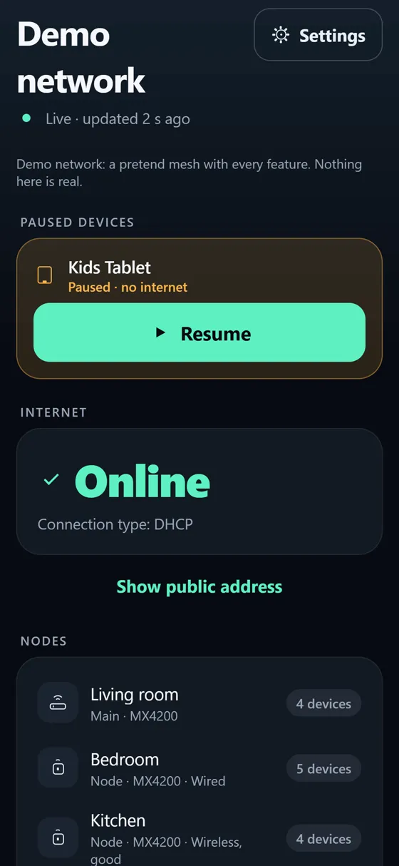 A paused device, Kids Tablet, on top of the home screen with a Resume button, above the internet status and the nodes.