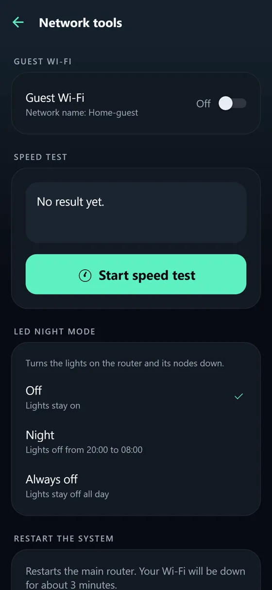 Network tools: guest Wi-Fi switch, a speed test button, and LED night mode with Off, Night and Always off.