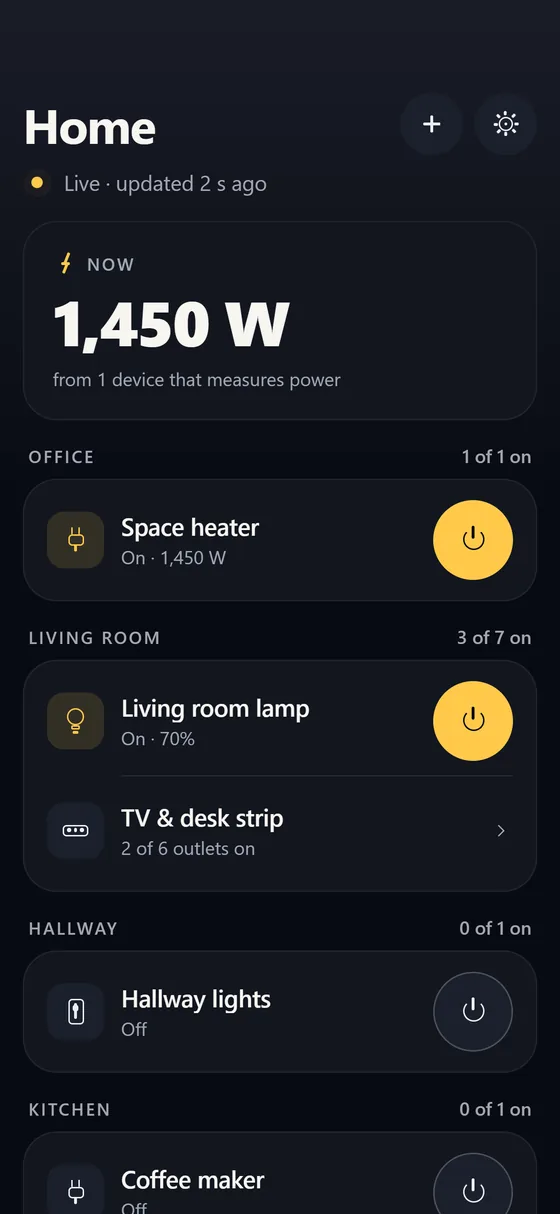 Plugline home: 1,450 W in use now, rooms (Office, Living room, Hallway) with a space heater on at 1,450 W, a lamp on at 70% and a power strip with 2 of 6 outlets on.